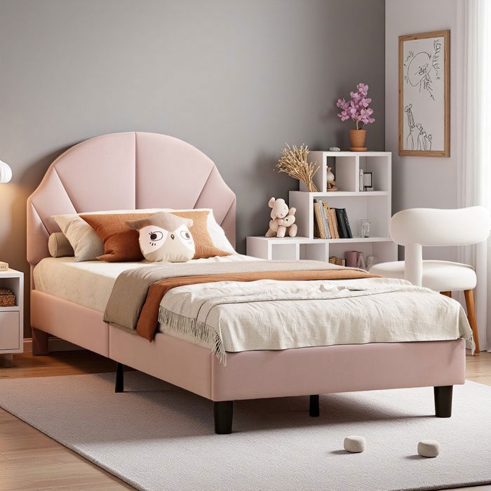 Lit enfant 90x200 cm velours rose - cadre scandinave avec tête de lit réglable