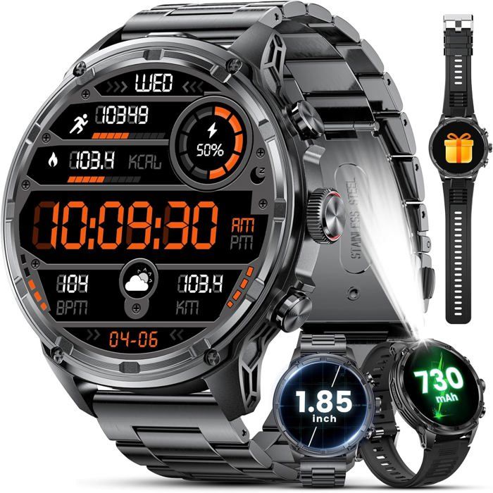 FeipuQu Montre Connectée Homme Femme Avec Appel Bluetooth, 1.85" HD Smartwatch,Assistant Vocal/100+Sportifs/Calories/Etanche - Téléphonie
