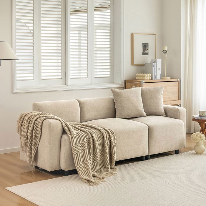 O.YE Canapé 3 places Canape droit design moderne meuble rembourré avec coussins décoratifs canapé de salon Beige