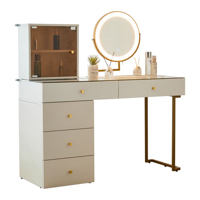 Coiffeuse avec Miroir LEDÉclairage 3 Couleurs Dimmable5 TiroirsBordure DoréeRobusteCombinaison FlexibleBlanc