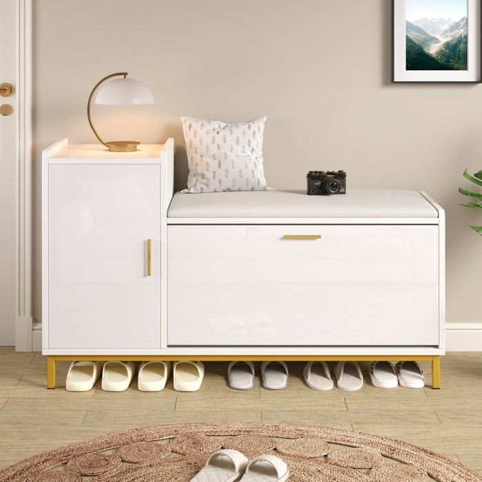 Meuble à chaussures blanc et or avec banc rembourré 1 armoire et 2 compartiments. 100x38x68 cm. Rangement entrée salon bureau