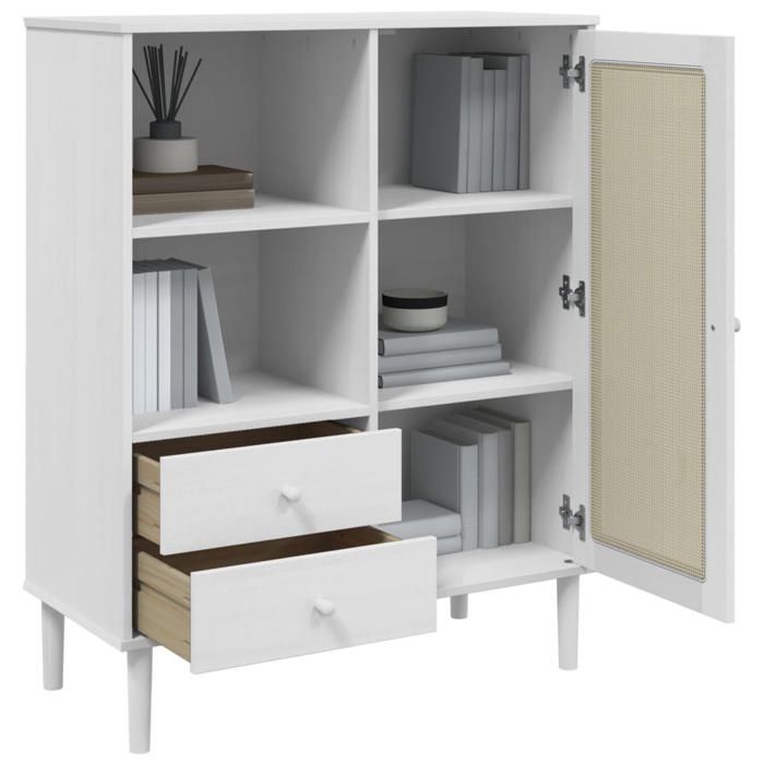 Buffet aspect rotin - WIENS - 90x40x112 cm - Blanc - Bois de pin massif - Résine tressée - 2 tiroirs - 5 compartiments