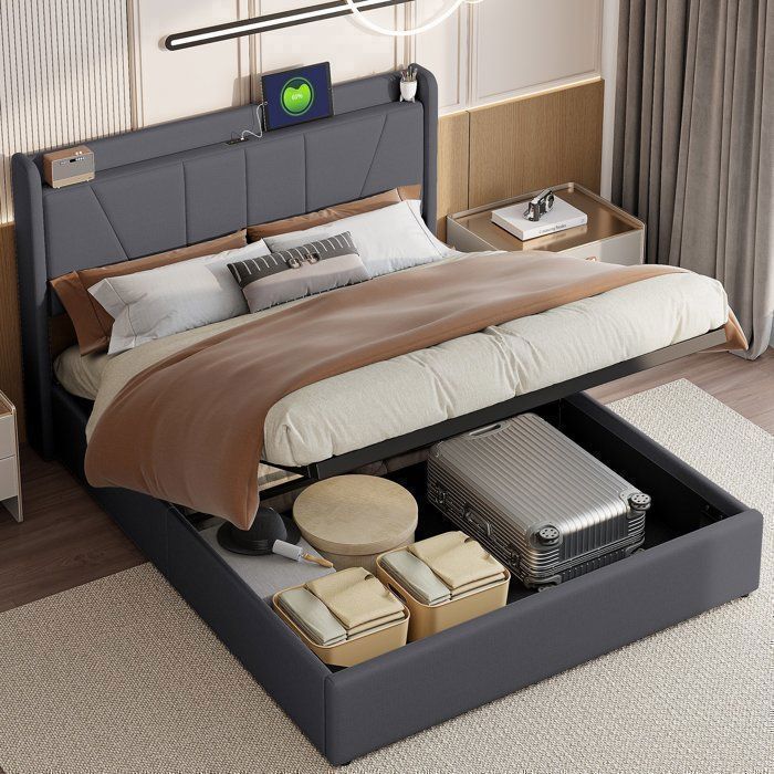 Chambre complete adultesommier 160x200lit deux placeLit coffre 160x200lit Capitonnérangementports USB et Type-CLinGris