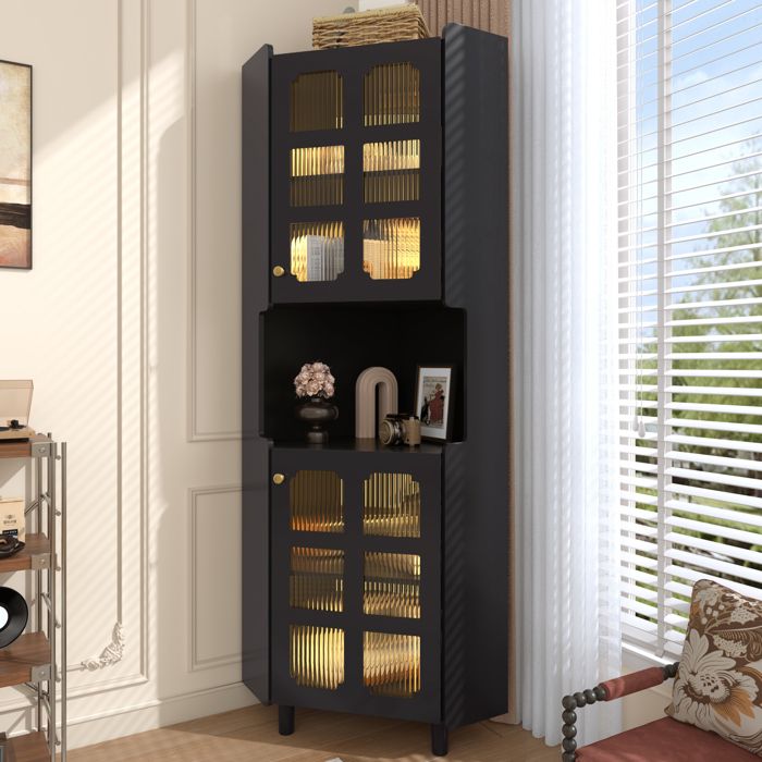 Armoire de salle de bain meuble rangement portes vitrées MDF noir 63.5x38x157.5 cm