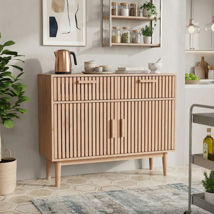 Buffet cuisine bois massif 100 x 35 x 80 cm – 2 tiroirs 2 portes anti-basculement – style scandinave