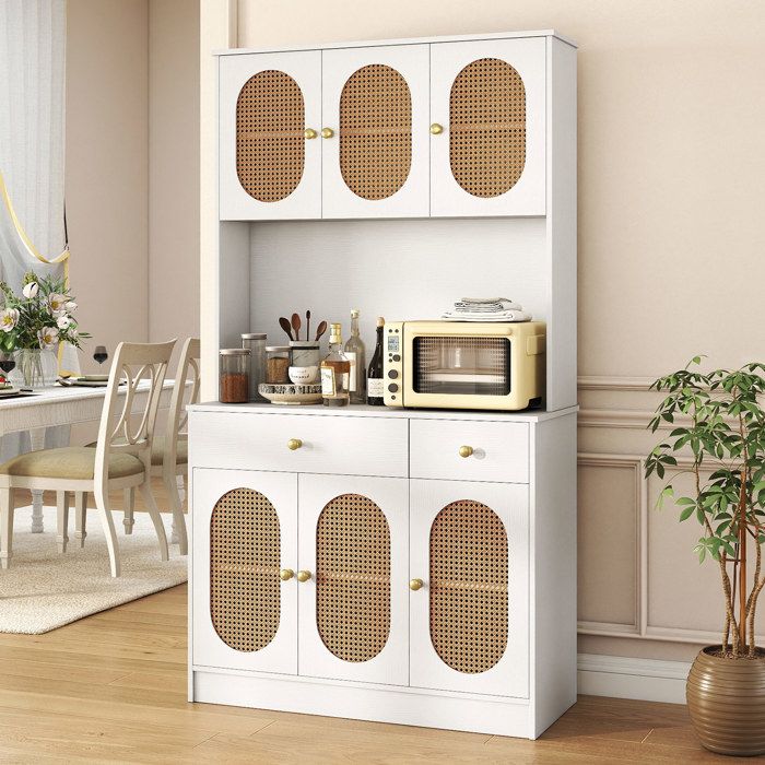 GIANTEX Buffet de Cuisine-Étagères Réglables-Station de Charge-Armoire de Rangement-Portes en Rotin PE-Tiroirs-100x40x180cm-Blanc