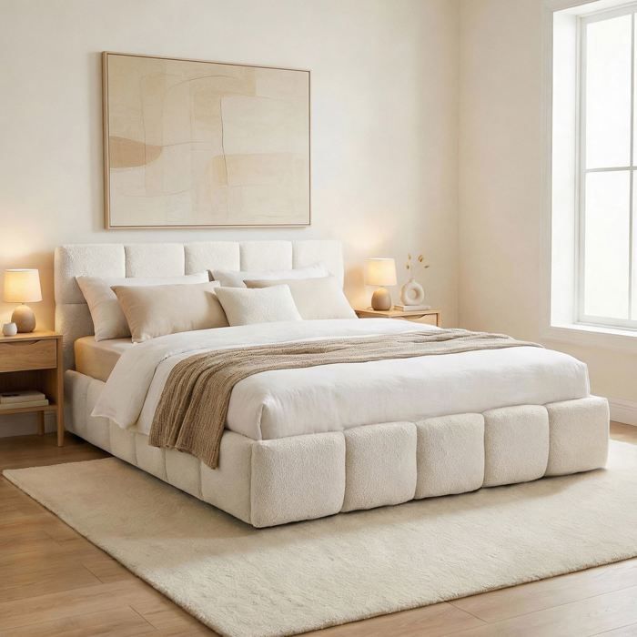 Lit Double CLOUDY Lit Rembourré 160 x 200 cm Queen Size Blanc Crème Design Bubble Confort Optimal avec Sommier à Lattes Inclus Lit Double CLOUDY Lit Rembourré 160 x 200 cm Queen Size Blanc Crème Design Bubble Confort Optimal avec Sommier à Lattes Inclus