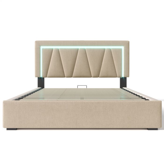 HOMVRA Lit coffre 160x200 cm lit double avec LED ports USB et Type C tête de lit réglable lin beige (sans matelas)