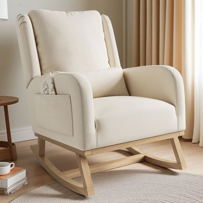 Fauteuil à Bascule relax dossier haut - Coussin Lombaire Inclus - 2 Poches Latérales - Pieds Bois Massif Antidérapants - Beige