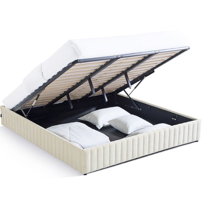 Lit coffre adulte 180x200 cm en tissu chenille beige - Balto