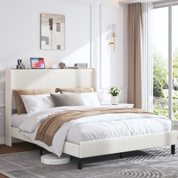 Lit Double 160x200 cm plateforme rembourrée tête de lit tissu bords arrondis sommier métallique antidérapant silencieux Sans Matelas