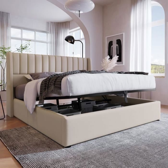 Lit double adulte 180 x 200 cm avec sommier à lattes lit rembourré effet lin beige avec espace de rangement. Matelas non inclus