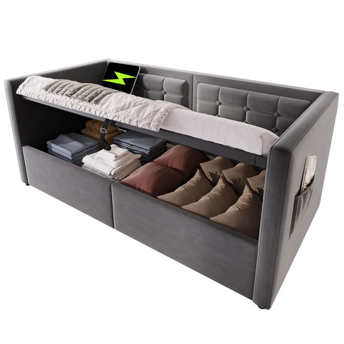 Lit canapé en velours gris avec rangement hydraulique et station de charge USB/Type-C