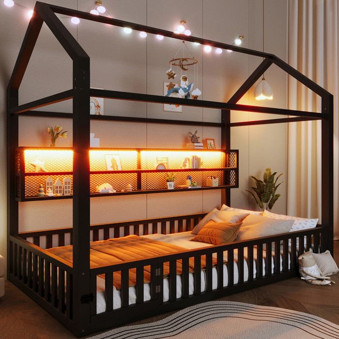 Lit plateforme en forme de maison 90 x 200 cm lit cabane enfant avec barrière et éclairage LED Lit enfant noir