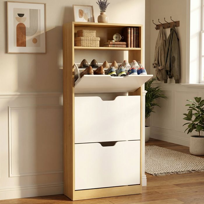 Meuble à Chaussures 3 Abattants avec Cloison Amovible Compartiment Ouvert 24 x 60 x 139 cm Jaune et Blanc