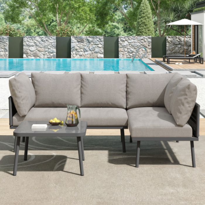 Salon bas de jardin extérieur en fer mobilier de jardin en corde grise set lounge en forme L avec coussins inclus