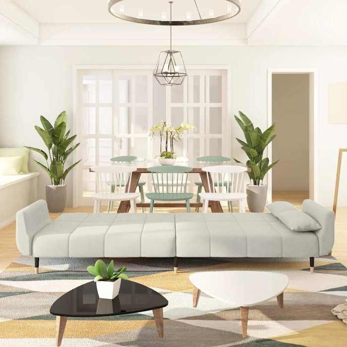 Antitaches Canapé-lit 2 places Scandinave - LEMONTREE - pour salon - Sofa réversible - avec deux oreillers Crème Velours Size global