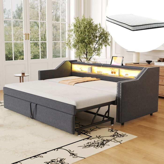 Canapé lit - KOMHTOM - Canapé lit gigogne - 90/180 x 190 cm - Rangement & LED USB - 2 matelas à ressorts Canapé lit - KOMHTOM - Canapé lit gigogne - 90/180 x 190 cm - Rangement & LED USB - 2 matelas à ressorts