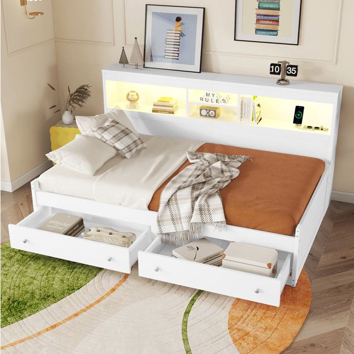 Lit banquette 90x200 cm avec LED prises USB et tiroirs rangements intégrés sommier à lattes blanc