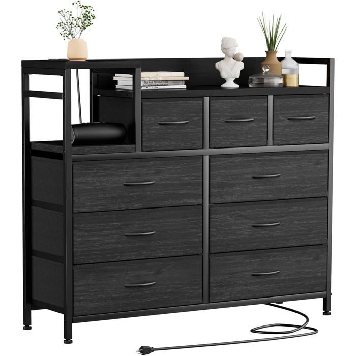 Commode à 9 Tiroirs Rétro 100cm Tissu Respirant Pieds Réglables Prise USB & AC Intégrée Rangement Multifonctions Noir