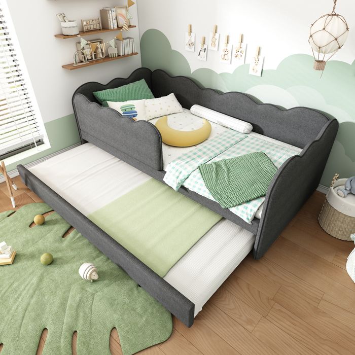 Lit gigogne - KOMHTOM - Canapé lit enfant - 90x190 cm - Lin gris - Sommier à lattes inclus Lit gigogne - KOMHTOM - Canapé lit enfant - 90x190 cm - Lin gris - Sommier à lattes inclus