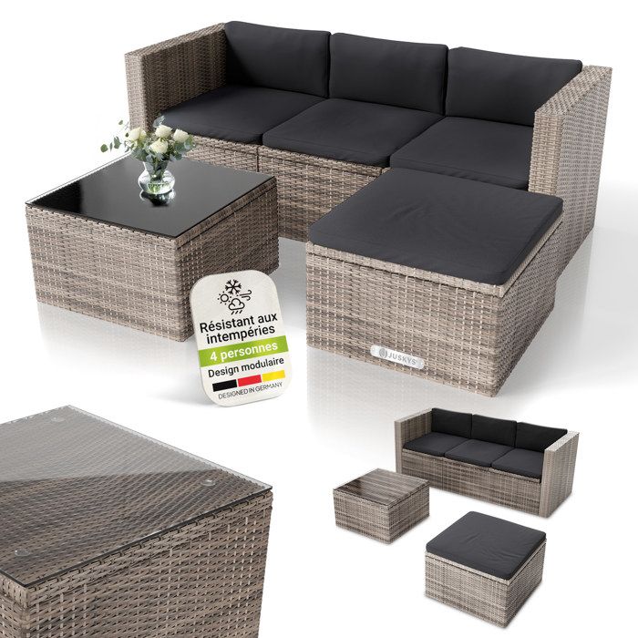 Juskys Salon de Jardin Polyrattan Punta Cana M Gris Chiné 4 Places avec Canapé Table & Ottoman Terrasse Balcon