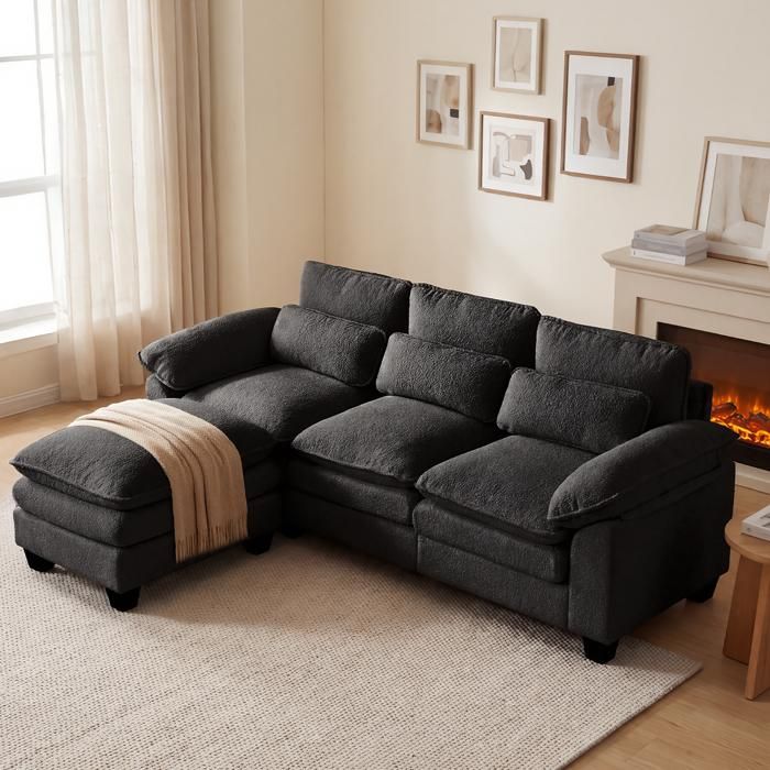 Canapé dangle moudulaire 226x76x88cmcoussins doubles tapis beige offrepouf amovible canapé en velours Teddy 3 places Noir