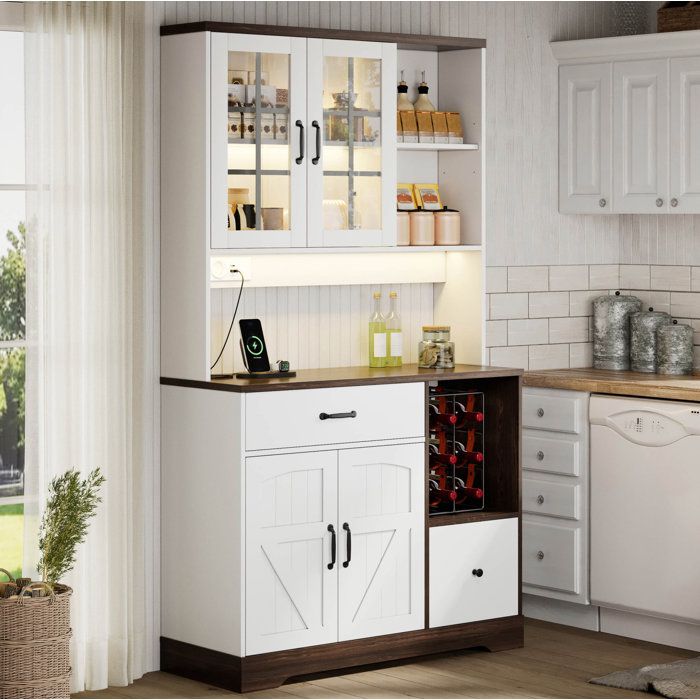 Buffet de cuisine vintage - style barn - LED APP - prises USB - portes vitrées - 105 x 40 x 185 cm