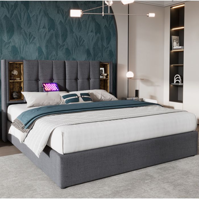 Lit Coffre Rembourré 160 x 200 cm Gris Tête De Lit Avec Rangement Chargement Sans Fil USB USB C Sommier À Lattes Bois De Pin