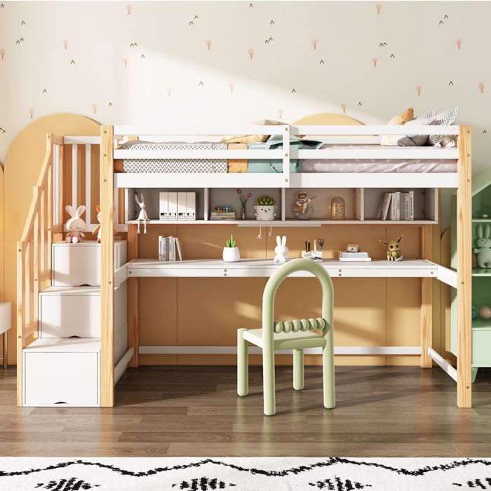 WOVREO Lit mezzanine enfant 90 x 200 cm avec bureau étagères et escalier de rangement bois massif blanc et chêne