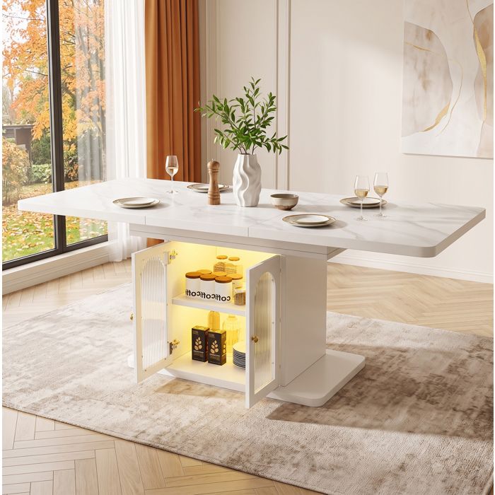 ROVRYN Table à manger extensible 150-200 cm 6 à 8 personnes avec rangement LED MDF blanc effet marbre ROVRYN Table à manger extensible 150-200 cm 6 à 8 personnes avec rangement LED MDF blanc effet marbre