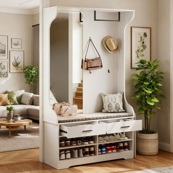 Ensemble de meubles de couloir en bois blanc Meuble d’Entrée avec Étagère à Chaussures Miroir et Banc 2 tiroirs