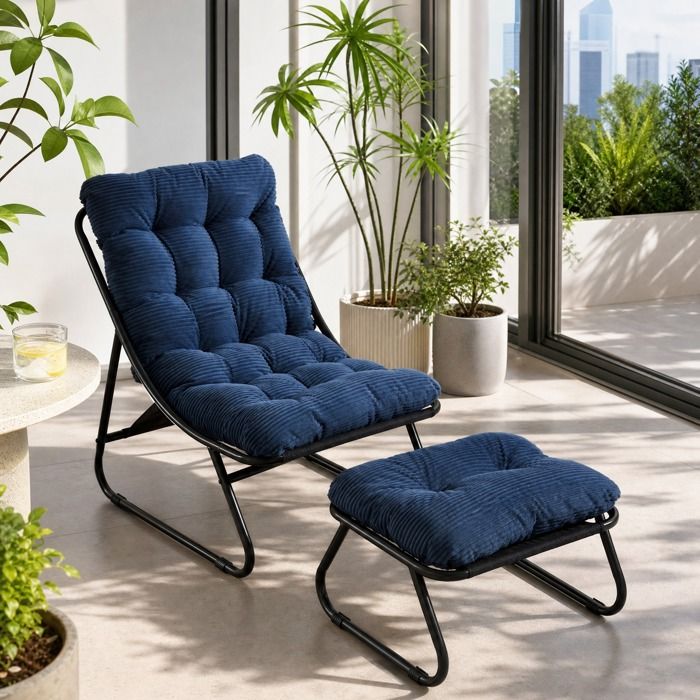 MEUBLIV Fauteuil lounge avec repose-pieds acier noir et coussin bleu marine intérieur extérieur