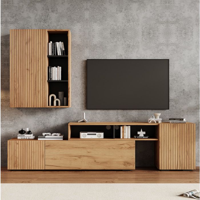 Ensemble Meuble TV Mural Réglable 4 Portes 2 Niches Ouvertes Passe-Câbles - MODENVIE - Salon Bois et Noir