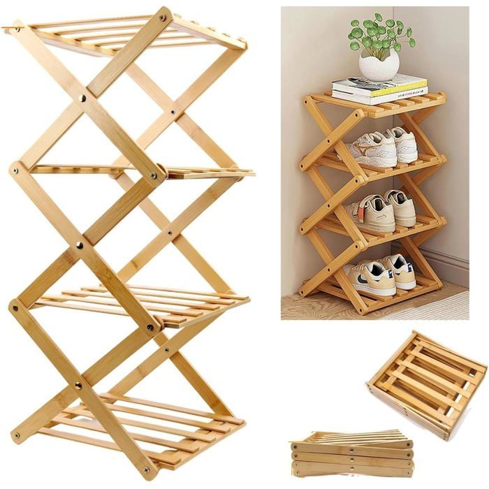 Étagère à Chaussures Meuble à Chaussures 4 Niveaux étagère Pliante Multifonction Couleur Bois pour Entrée Placard