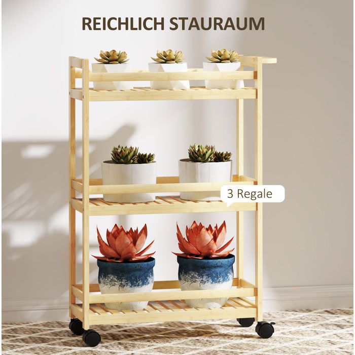 Desserte 3 Niveaux En Bambou Naturel Chariot Mobile FloraGrace Pour Cuisine Bureau Poignee Et Freins 55x20x75cm