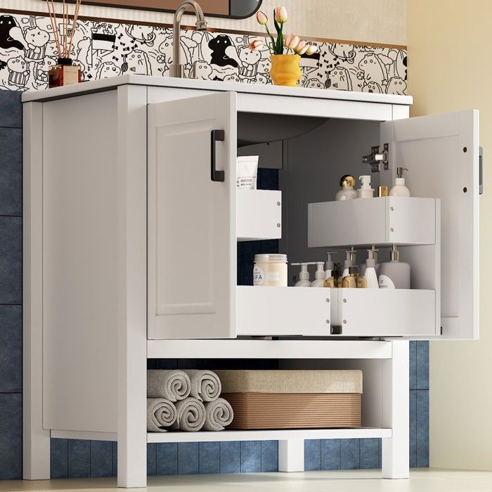 Meuble vasque sur pied - Memkey - 765 x 47 x 83 cm - MDF blanc - Vasque céramique 2 portes niches ouvertes