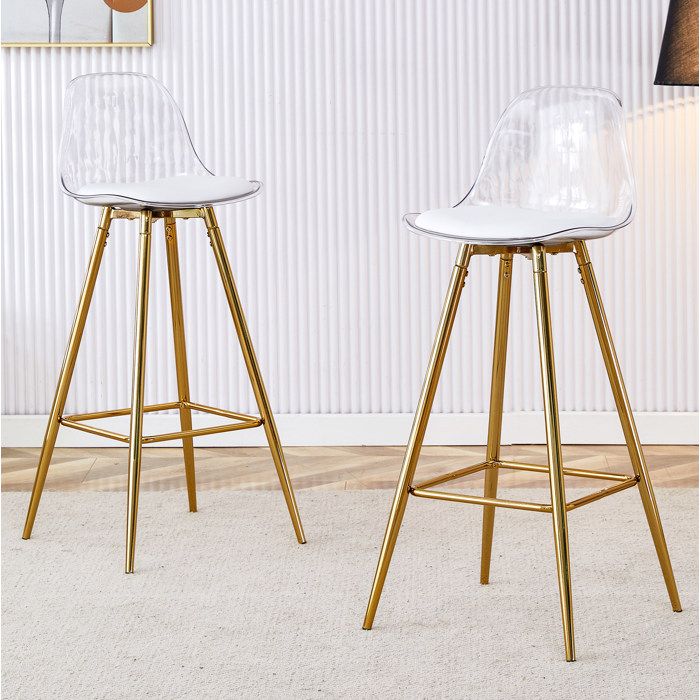 Lot de 2 tabourets de bar transparents avec structure dorée en métal repose-pieds intérieur