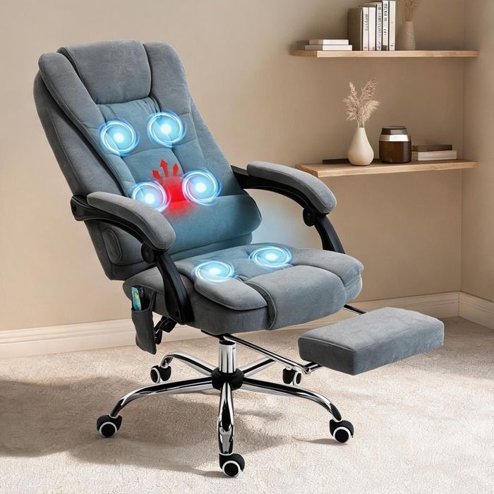 Fauteuil massant chauffant en tissu aspect lin gris foncé avec repose-pieds réglable hauteur et dossier inclinables pour bureau