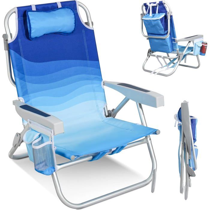 Chaise plage pliable aluminium 600D Oxford bleu – dossier inclinable 5 positions – assise 40 cm – 300 lbs – 1 pièce