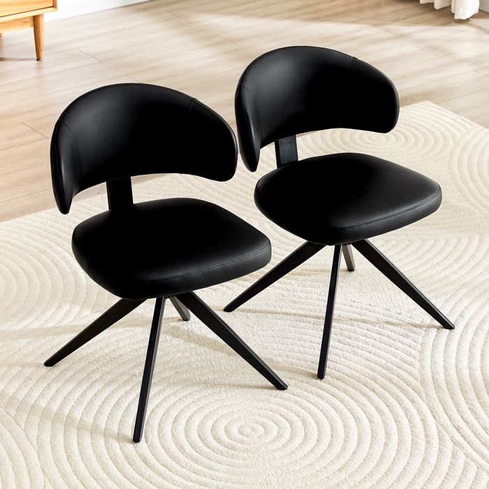Chaise de salle à manger pivotante - Lot de 2 - Cuir PU noir - Dossier incurvé - Siège rembourré en mousse