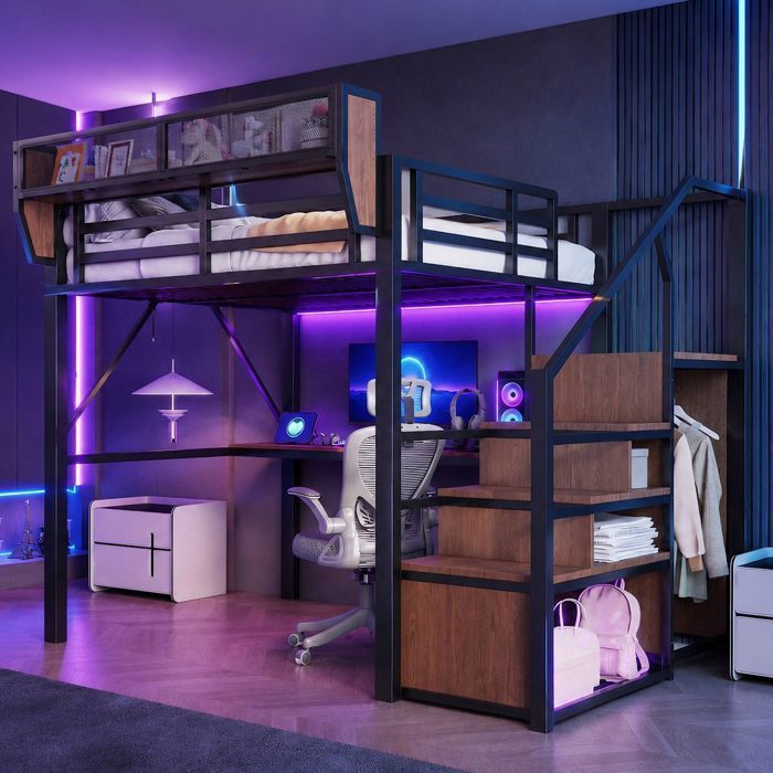 Lit Mezzanine - WESTYLE - Lit mezzanine 140x200 cm - Bureau long - LED intégrée - Structure métal noir
