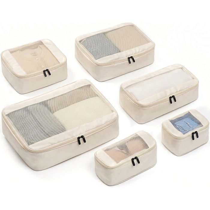 Organisateur valise compressible 6 pièces sacs compression voyage rangement bagage (Beige)