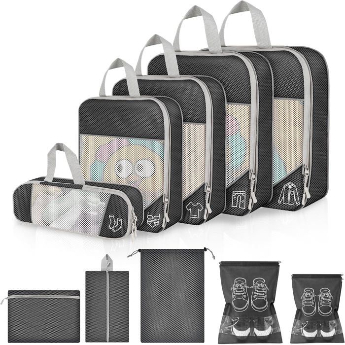 Lot de 10 packing cubes compression noir organiseur valise en maille sacs voyage multi-tailles avec accessoires