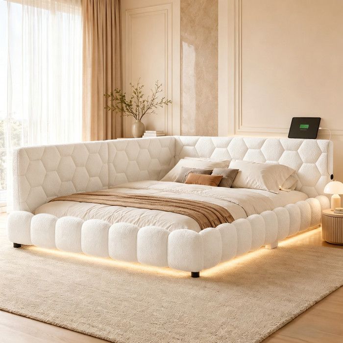 Lit Banquette 140x200 cm Bouclette Blanc LED USB & Type-C UTTQEW Lit 2 Places Sommier à Lattes Dossier Rembourré en L