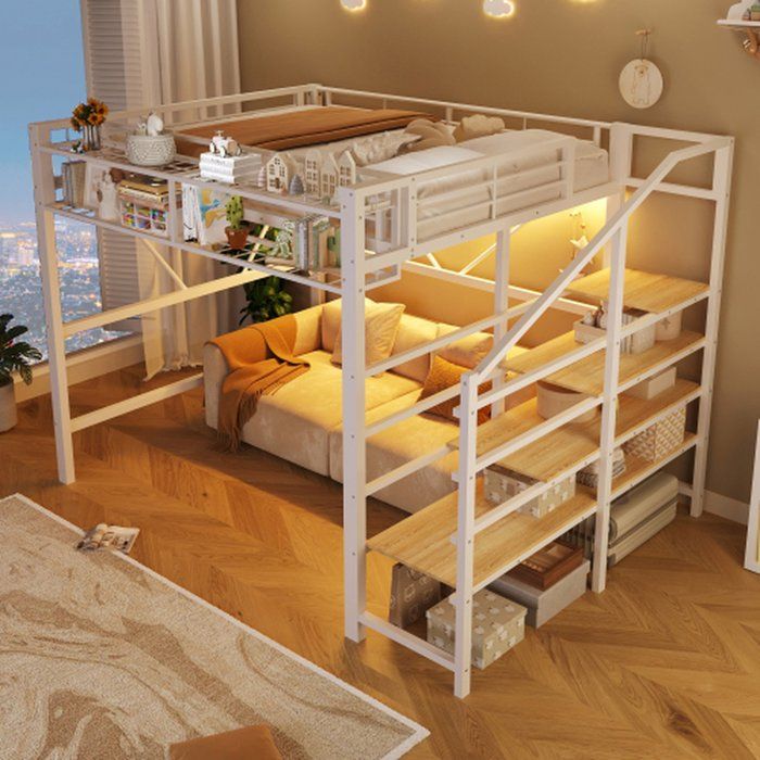 Lit mezzanine métallique blanc 140x200 cm – rangements étagère à marches grilles panier led sans matelas