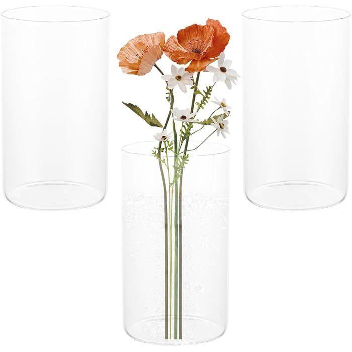 Vase Transparent en Verre Lot de 3 Cylindres 8 5 x 15 cm Petit Vase Cylindrique en Verre pour Fleurs Bougies Galets VASE
