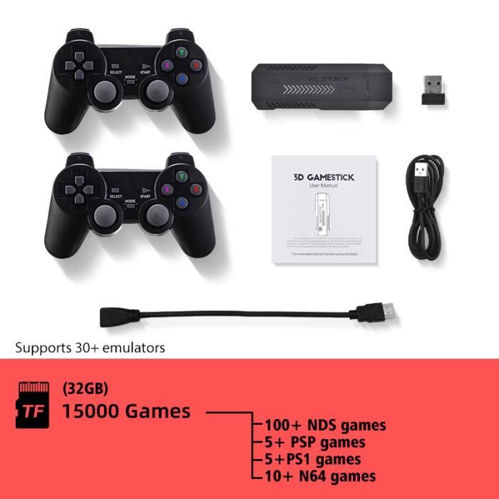 Console de jeu sans fil M15 Game Stick TV, manettes de jeu vidéo, plus de 30000 jeux rétro, sortie HD, deux joueurs pour PS1