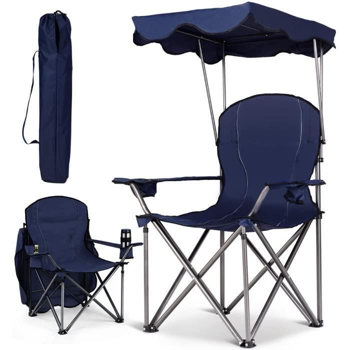 COSTWAY Chaise de Camping Pliante avec Accoudoirs, Pare-soleil, Porte-gobelet Charge 120KG Fauteuil de Camping pour Plage Pêche Bleu