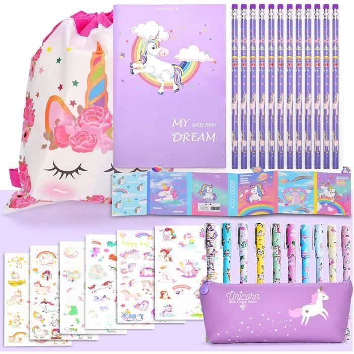 Coffret Papeterie Licorne Fille 6-12 Ans – Trousse, Carnet, Stylo, Crayons & Autocollants – Cadeau Rentrée Scolaire